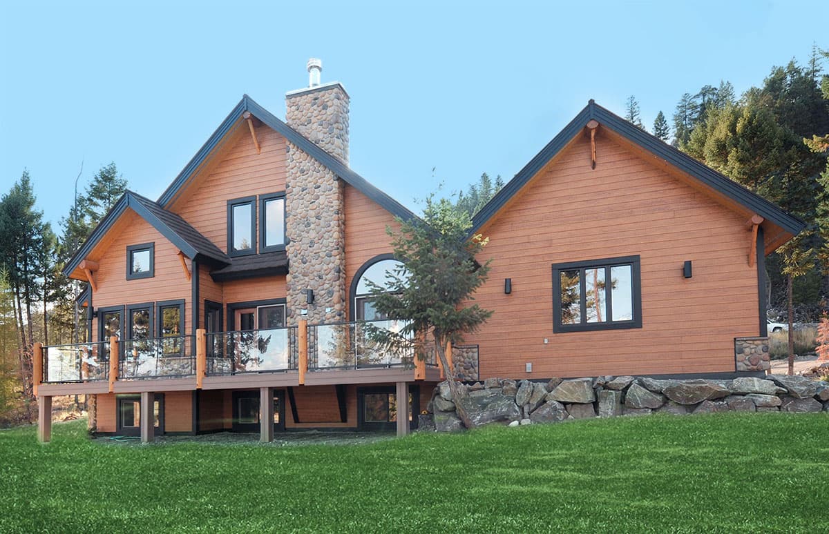 House plan exterior: two-story modern mountain home with stone chimney, wood siding, large deck, and gabled rooflines.