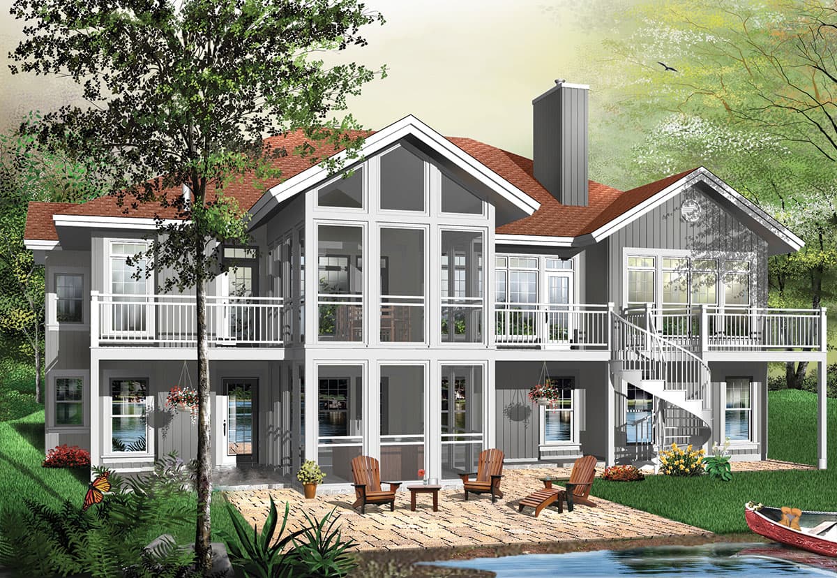 House plan exterior: Two-story home with a prominent glass sunroom, wraparound decks, and a spiral staircase.