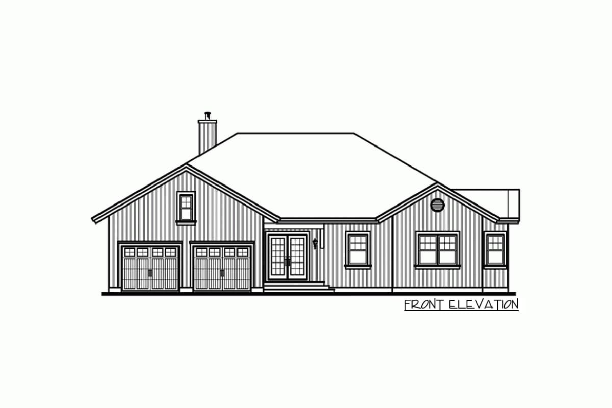 Front elevation house plan showing a one-story home with a hip roof, three-car garage, dormer, and double-door entrance.