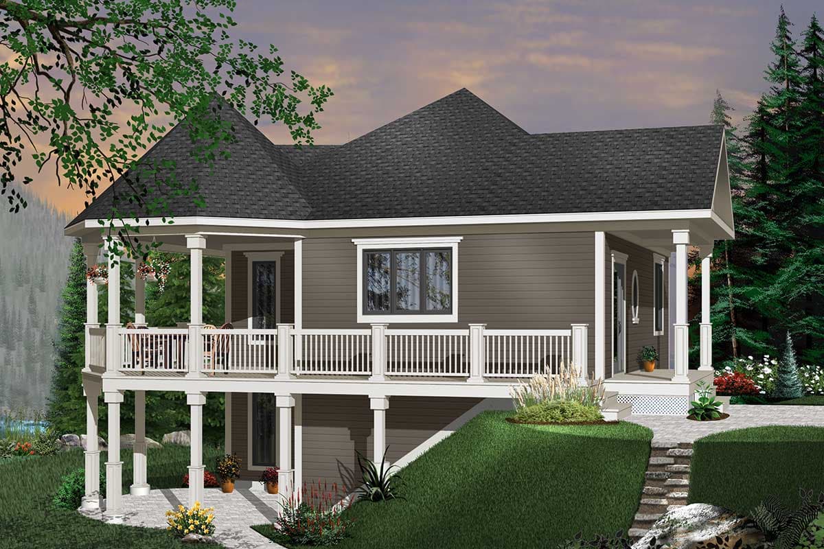 House plan exterior: One-story home with a large wrap-around porch, gabled roofline, and multiple dormers.
