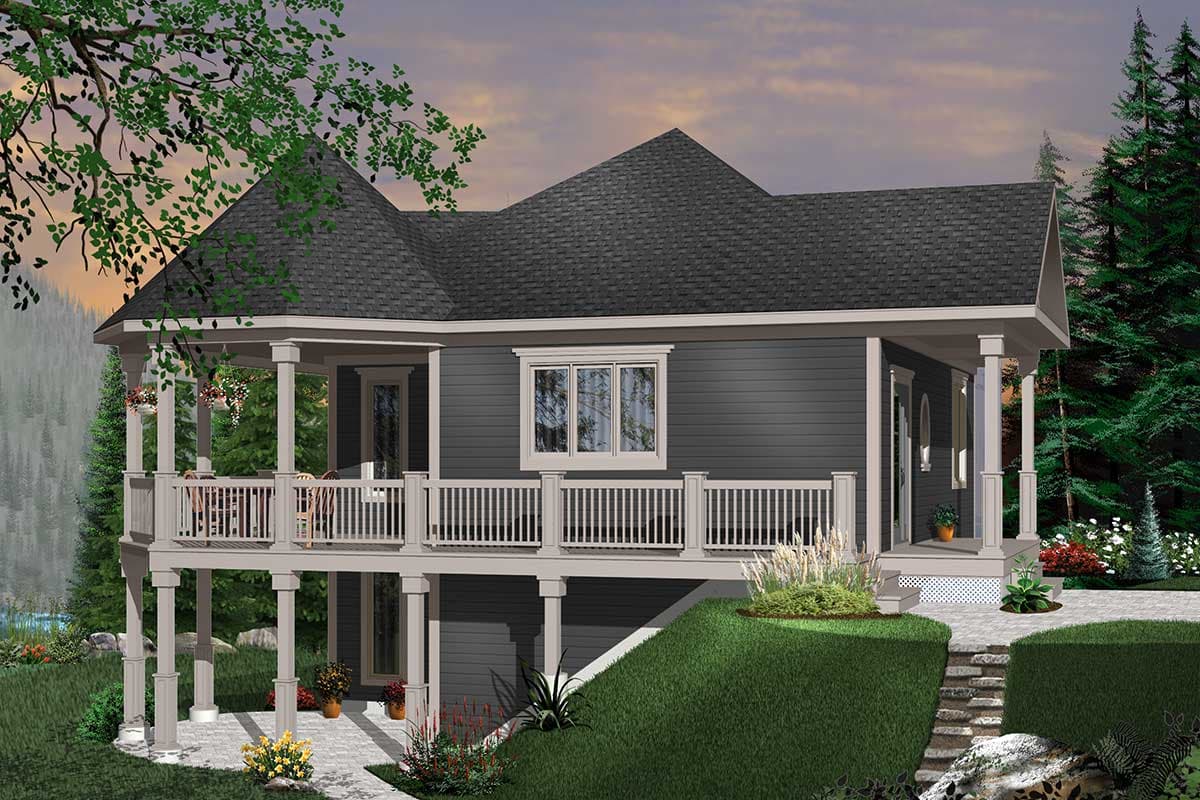 House plan exterior with a wraparound porch, multiple gables, and a raised foundation.