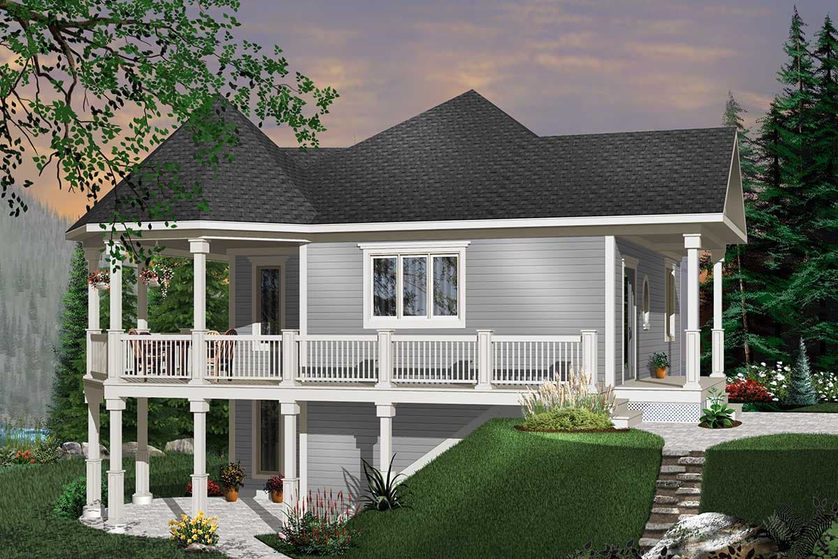 House plan exterior: Two-story structure with a wrap-around porch, multiple gables, and a prominent central roof peak.