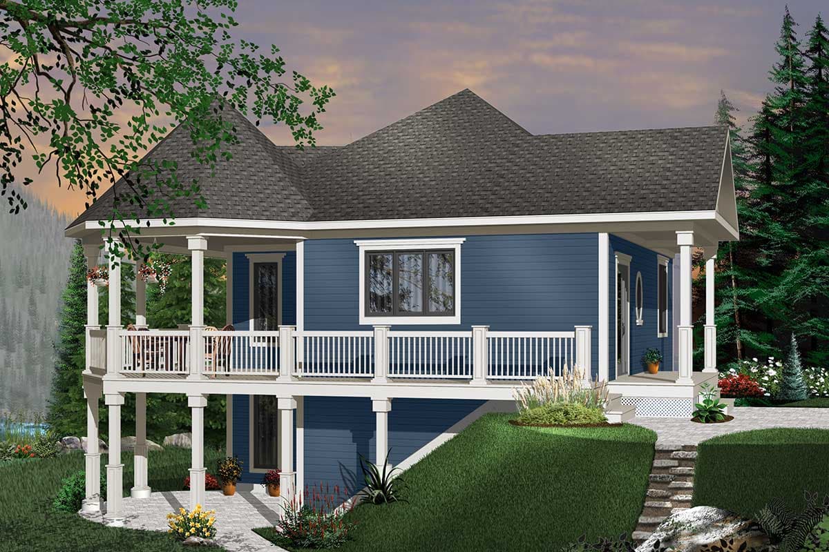 House plan exterior rendering: Blue siding, wraparound porch on posts, gabled roof, and multiple windows.