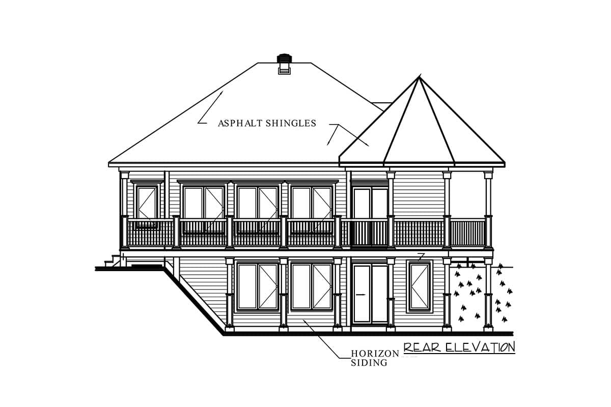 Rear elevation house plan showing two stories, a hip roof with asphalt shingles, horizon siding, and a wrap-around porch.