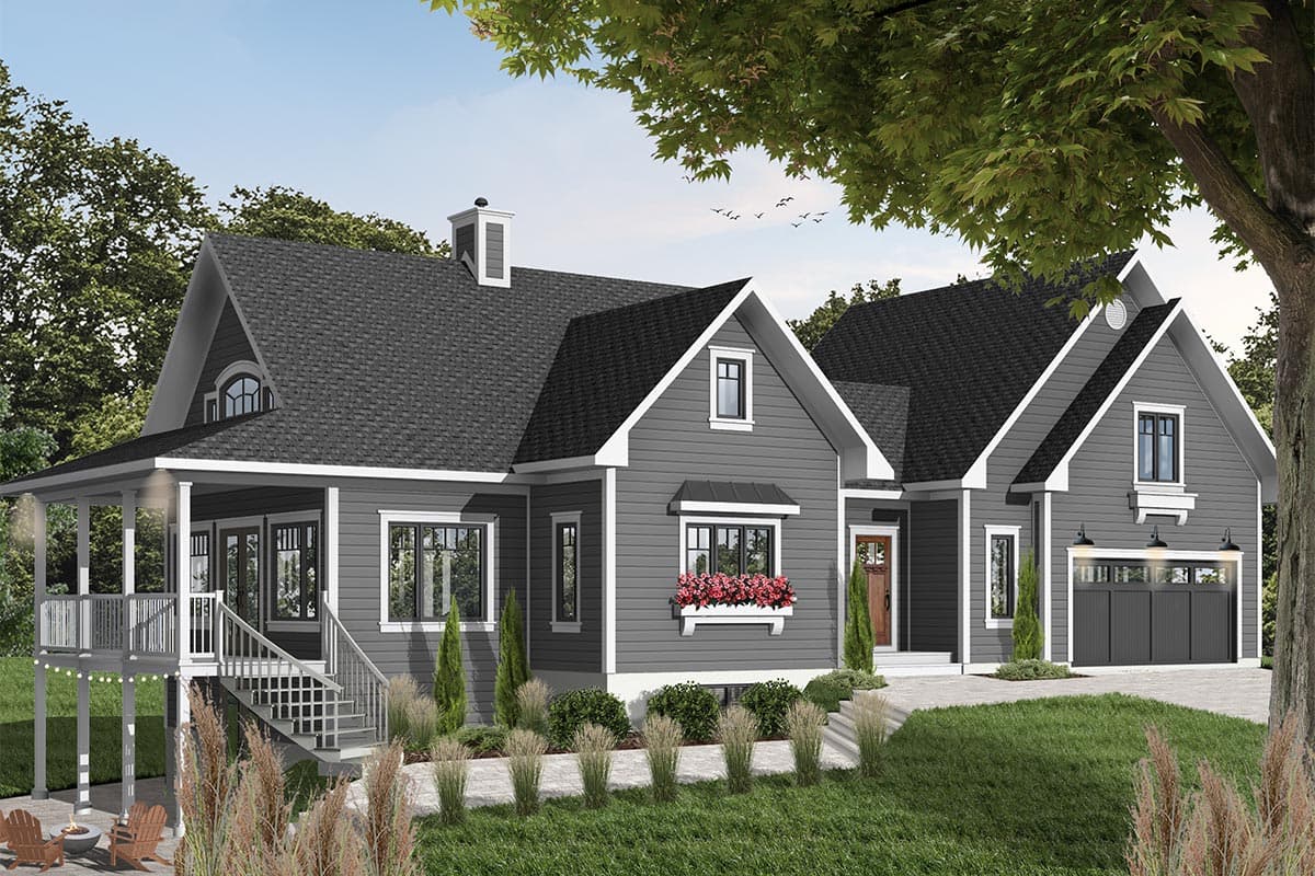 House plan exterior featuring a wrap-around porch, dormer window, gable rooflines, and a two-car garage.