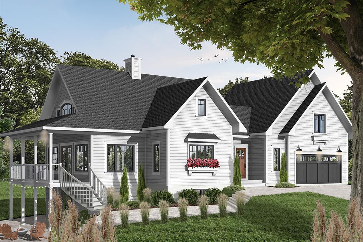 House plan exterior. Two-story Modern Farmhouse with gable roof, covered porch, dormer window, and attached garage with black doors.