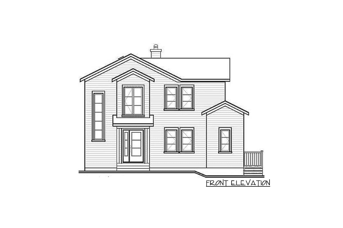 Front elevation of a two-story house plan with a prominent front entrance, multiple windows, and a peaked roofline.