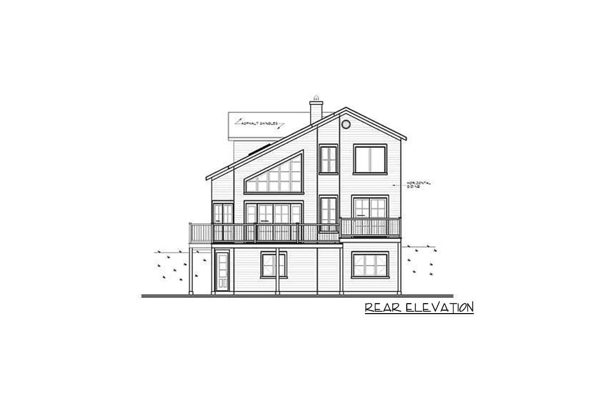 Rear elevation drawing of a house plan featuring multiple stories, balconies, a prominent gable with a large triangular window, and a chimney.