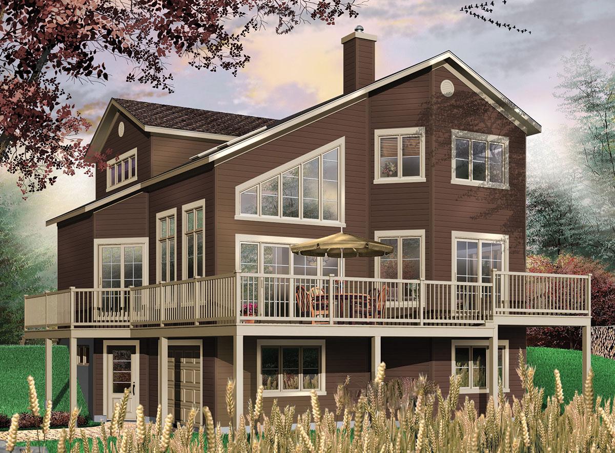 House plan exterior of a two-story home with a large wraparound deck, gabled dormers, and a prominent triangular window.