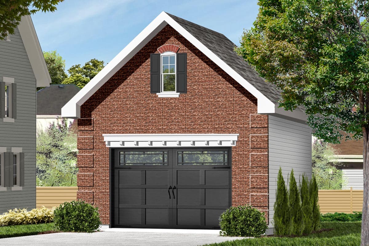 House plan exterior: Two-story garage with brick facade, gable roof, arched window with shutters, and two-car door.