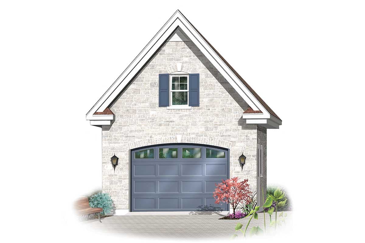 House plan exterior with white brick, arched garage door with glass panes, dormer window, and side lights.