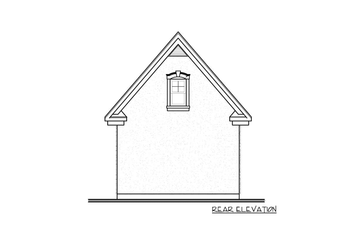 Rear elevation drawing of a house plan featuring a gable roof, dormer window, and decorative eaves.