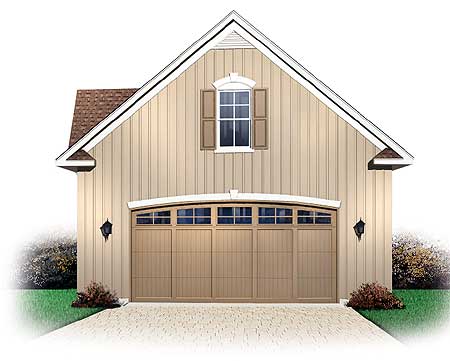 House plan exterior featuring beige vertical siding, a prominent gable with a dormer window and shutters, and a multi-panel garage door.