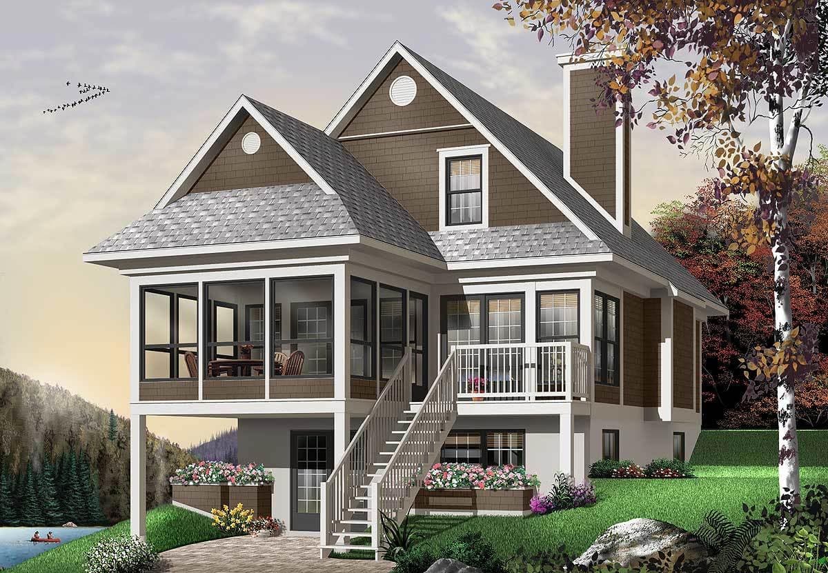 House plan exterior, two stories, featuring a screened porch, gables, dormers, and a prominent chimney.