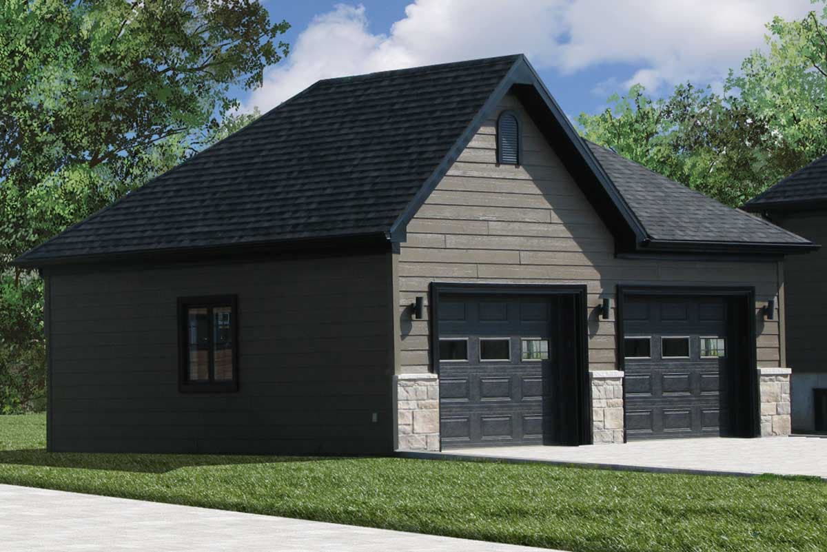 House plan exterior: Two-car garage with dark gray doors, stone accents, horizontal siding, and a decorative gable vent.