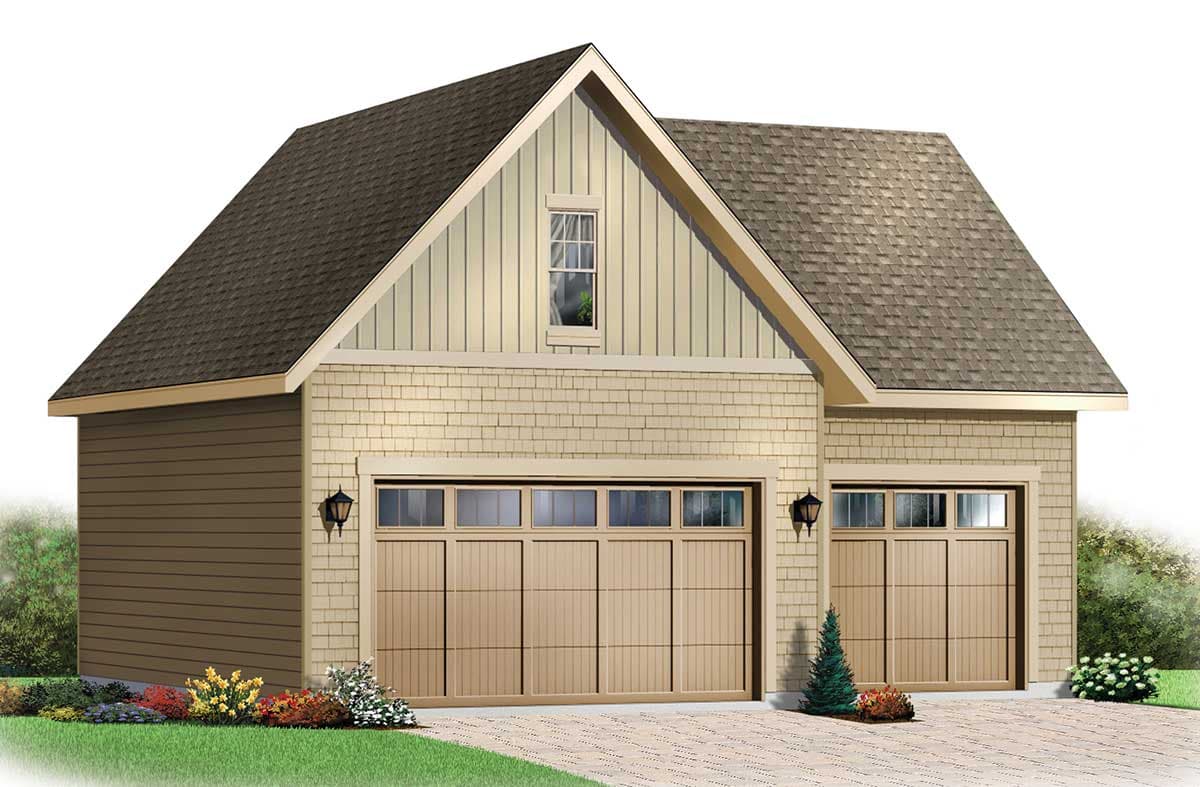 House plan exterior: Two-story garage with gable roof, shingle and horizontal siding, and two garage doors with transom windows.