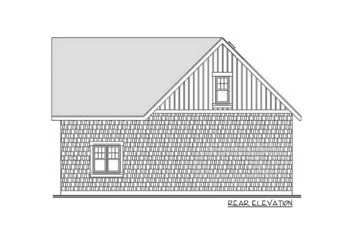 Rear elevation of a house plan featuring shingle siding, a gable with vertical siding, and two windows.