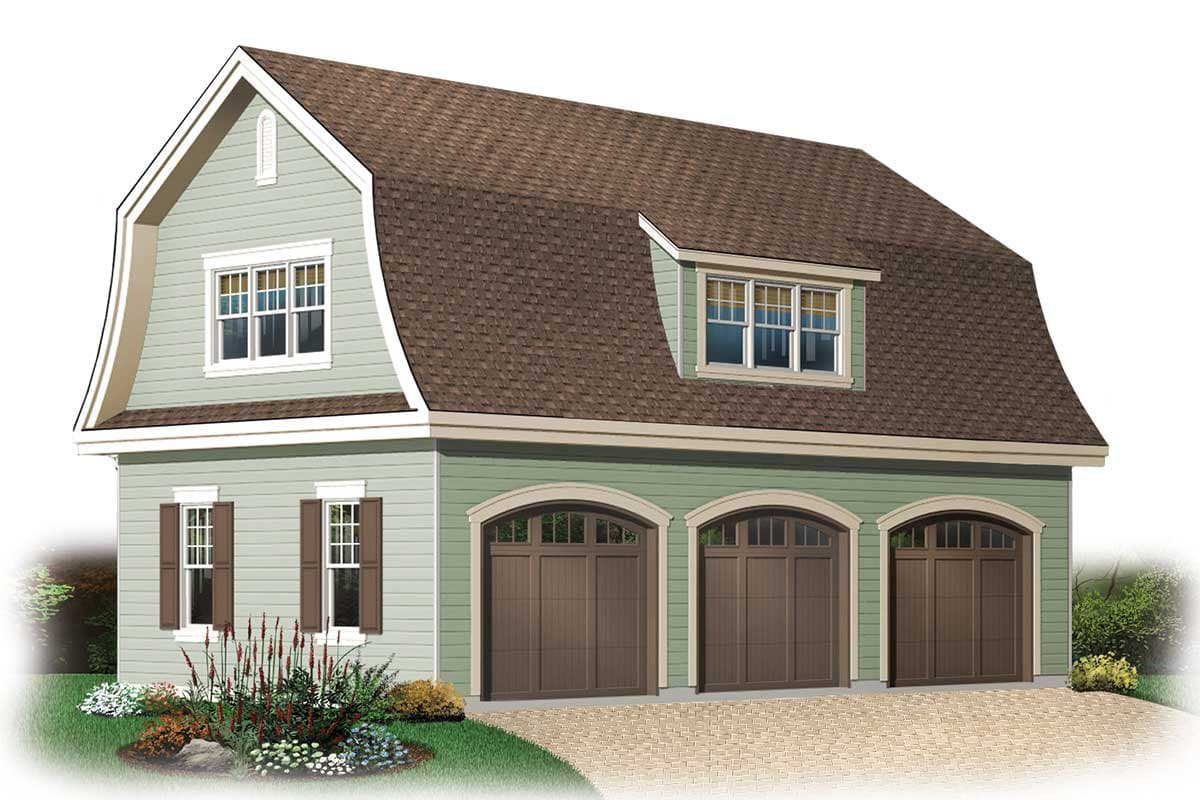 House plan exterior with gambrel roof, three arched garage doors, and dormer windows.