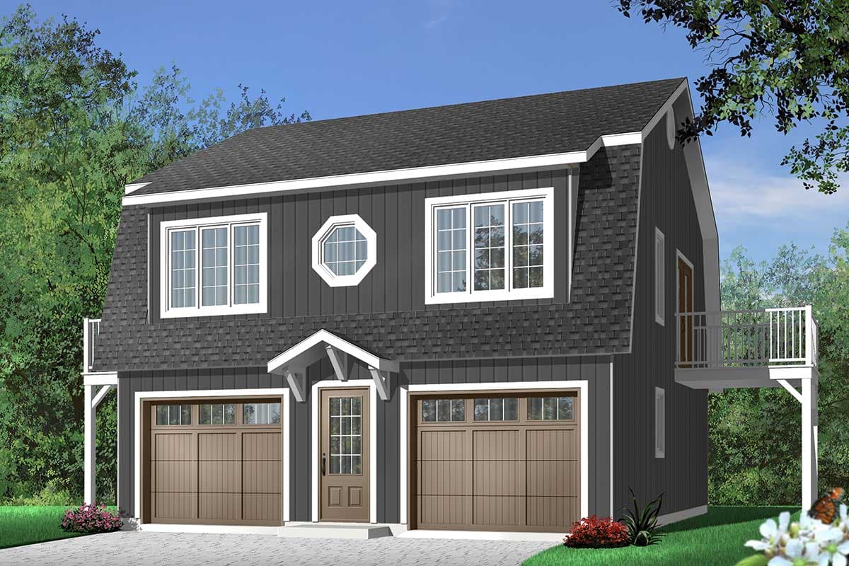 House plan exterior with gambrel roof, two garage bays, central entry door, octagonal window, and upper deck.