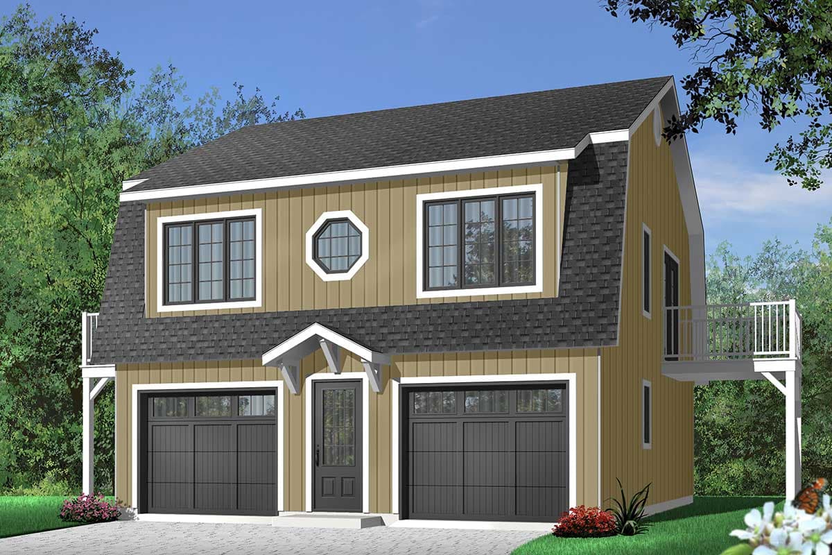House plan exterior with mansard roof, two garage doors, central entry, and second-story balcony.