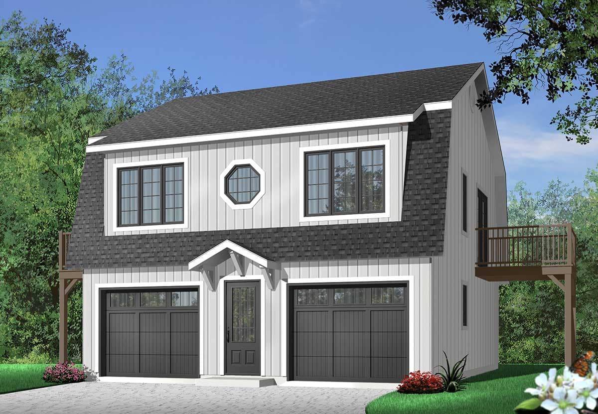 House plan exterior with gambrel roof, three garage doors, entryway with gable roof, and upper-level balcony.