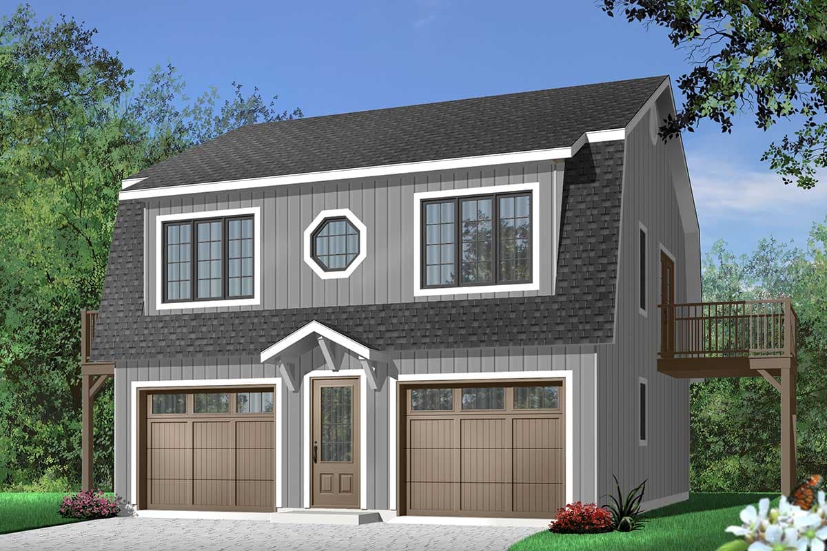 House plan exterior with gambrel roof, two garage doors, and a second-story deck.