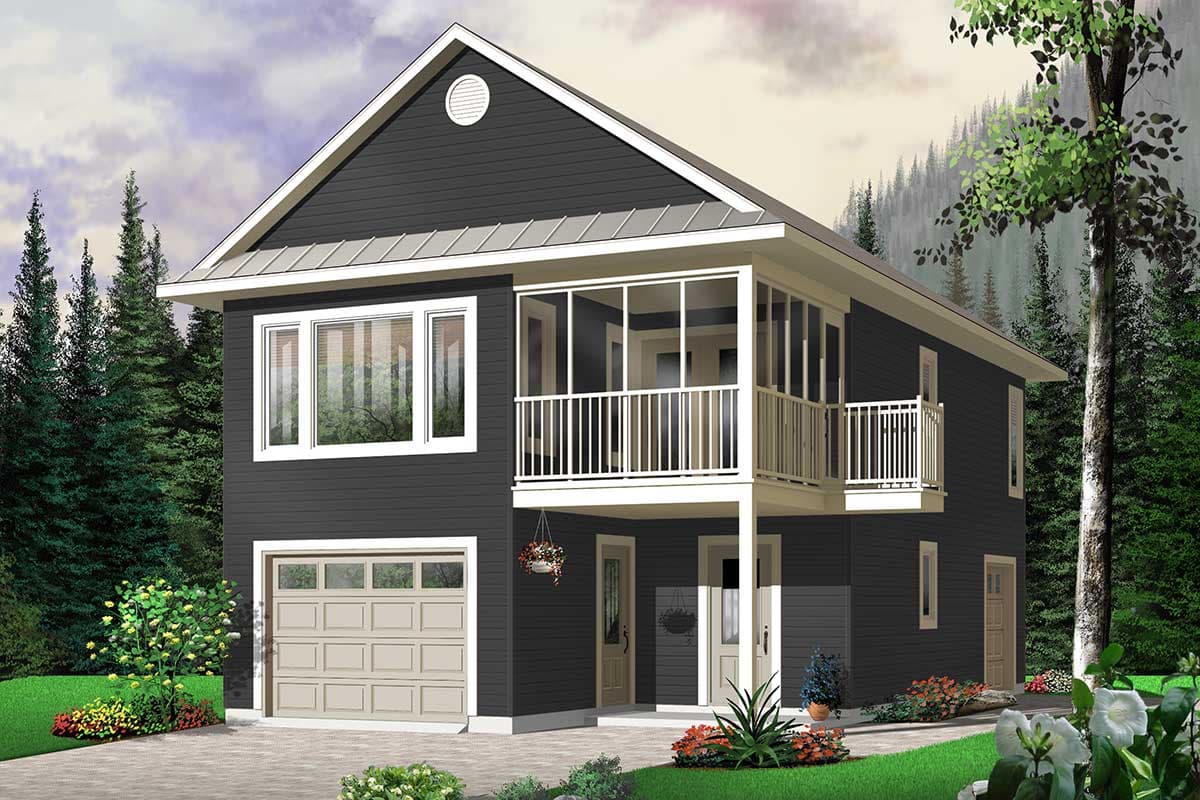 Two-story house plan exterior with gabled roof, screened second-story porch, and attached garage.