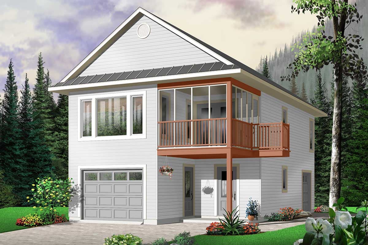 House plan exterior with two stories. Features include a gabled roof, a second-story balcony with railings, and an attached garage.