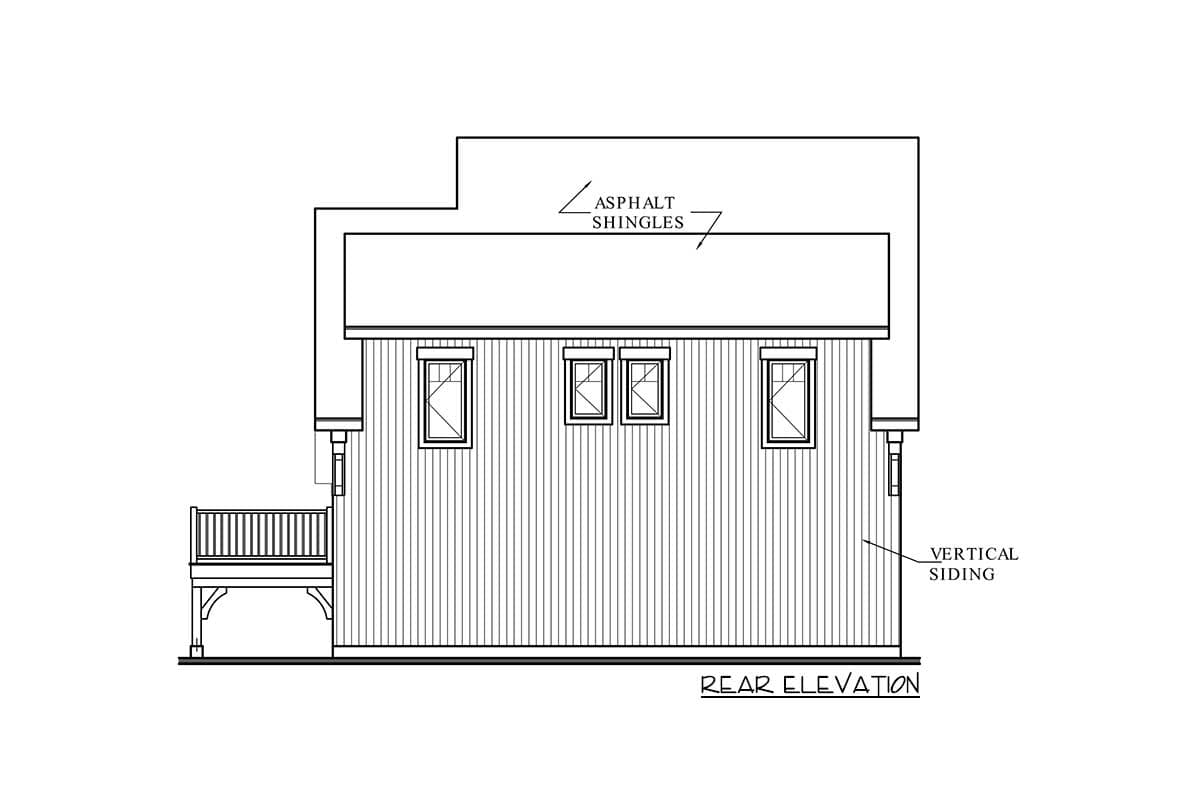 Rear elevation drawing showing vertical siding, asphalt shingles, deck with railing, and windows.