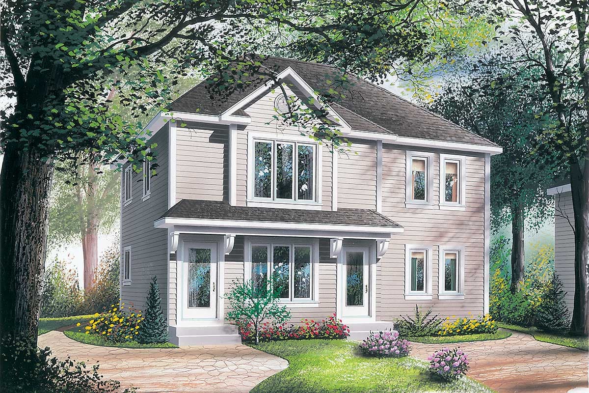 Two-story house plan exterior with siding, gabled dormer, covered entry with twin doors, and multiple windows.