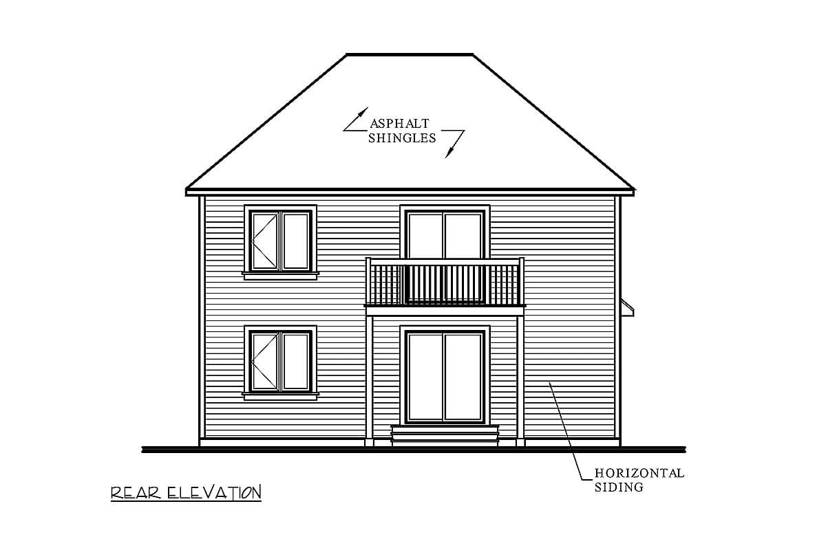 Rear elevation drawing of a two-story house with horizontal siding, asphalt shingles, and a second-story balcony.