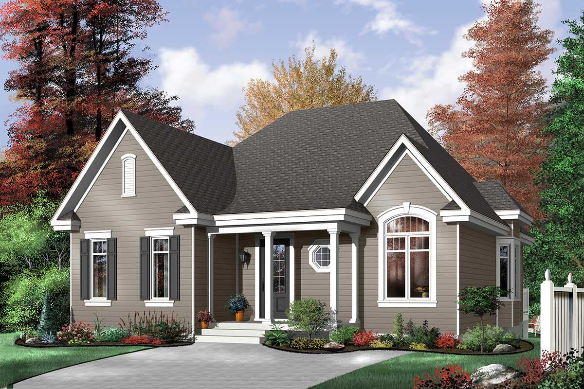 House plan exterior: One-story home with a covered front porch, prominent gables, and arched window.
