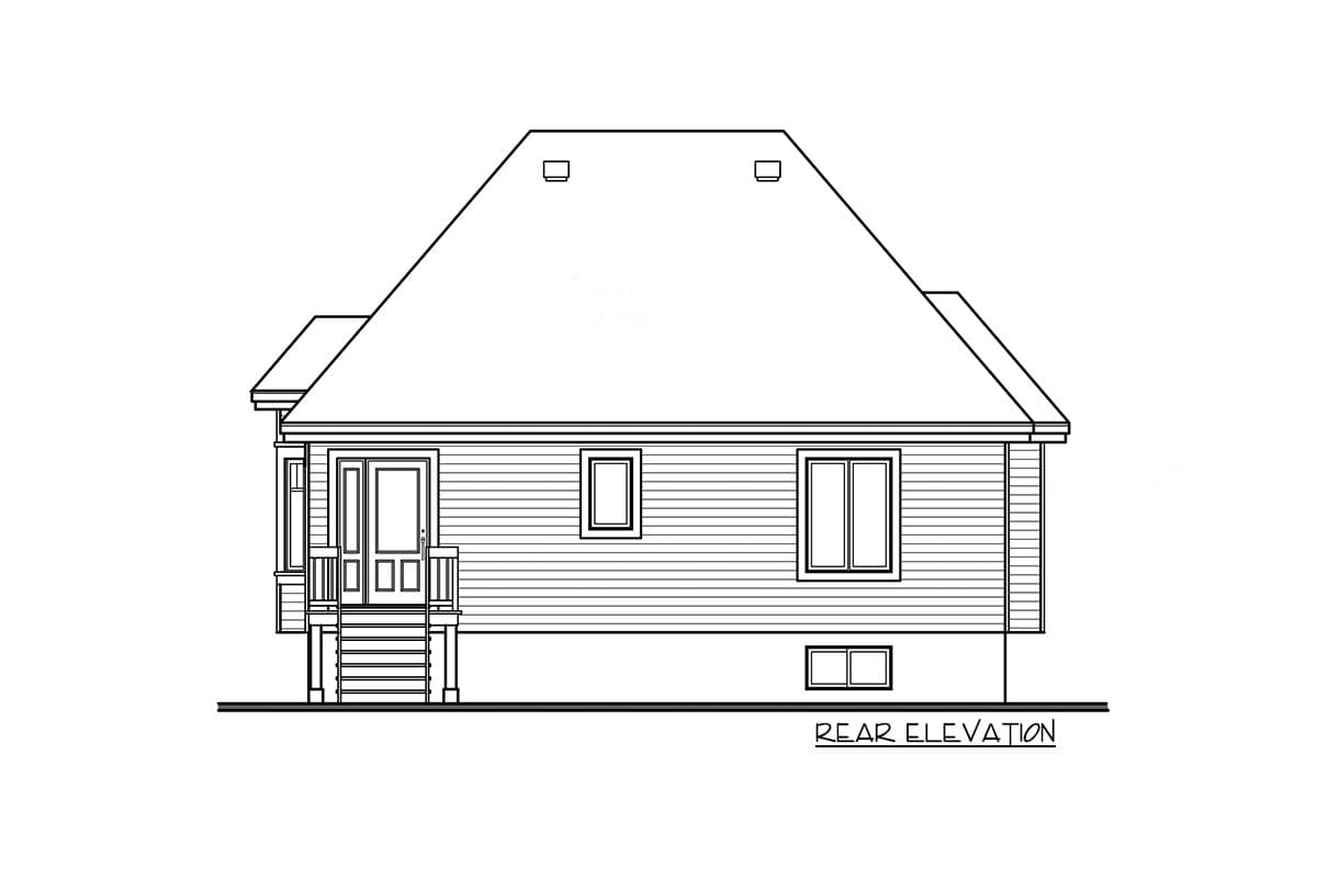 Rear elevation house plan showing a prominent gable roof, covered entry porch with steps, and multiple windows.
