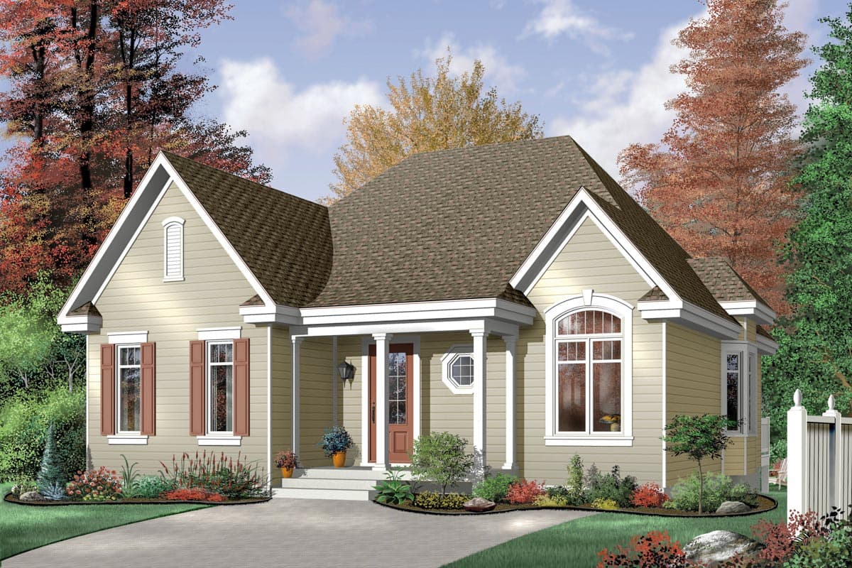 House plan exterior: Single-story Contemporary home with a covered front porch, gable dormers, and arched windows.