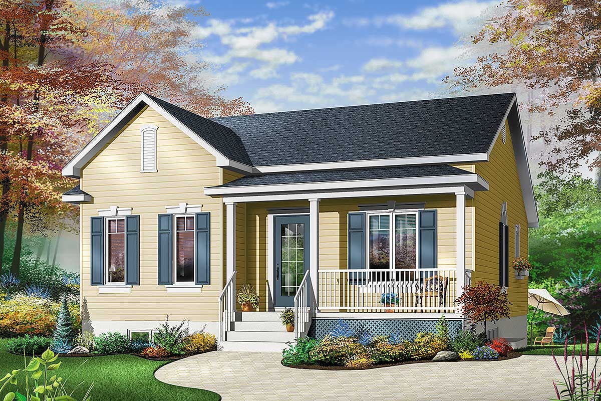 House plan exterior of a one-story house with a gable roof, front porch with columns, and decorative window gables.