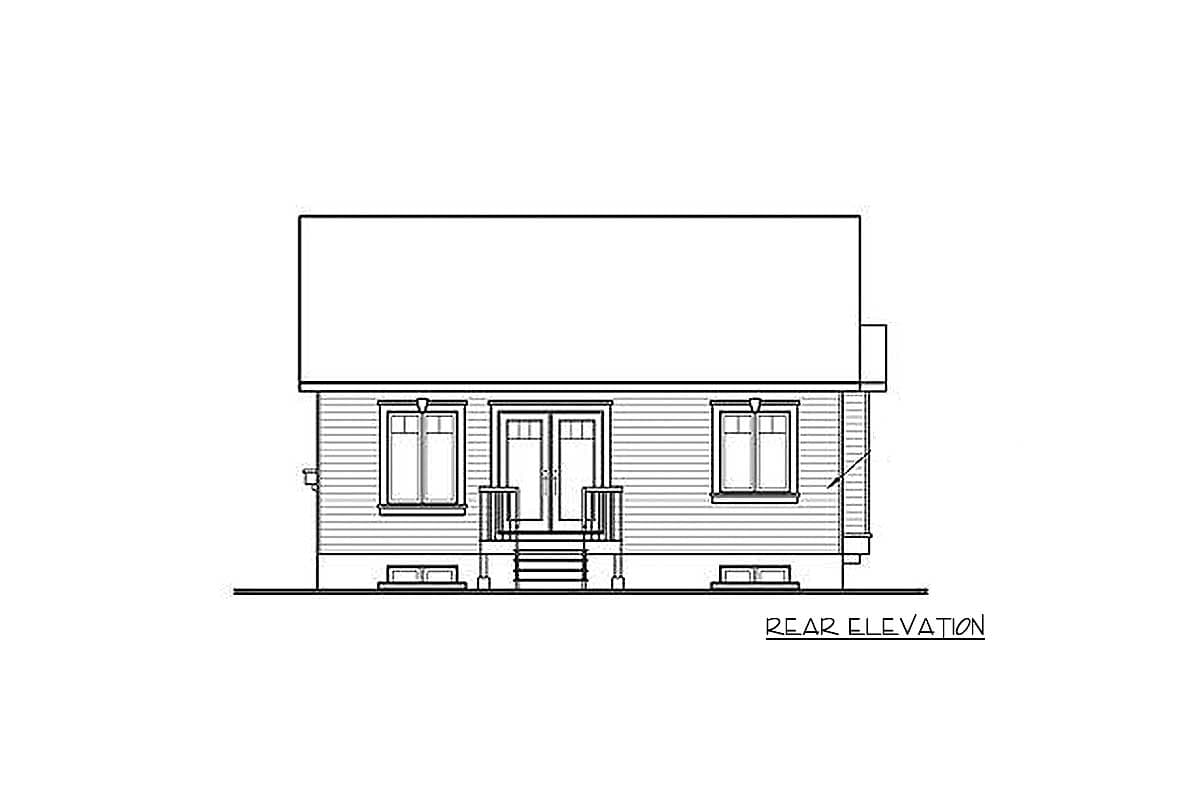 Rear elevation drawing of a house plan showing two windows, double doors, and a simple roofline.