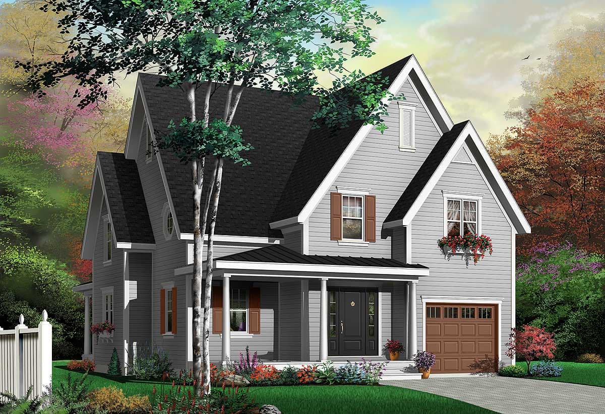 House plan exterior: Two-story house with gables, dormers, porch with columns, and a side-facing garage.