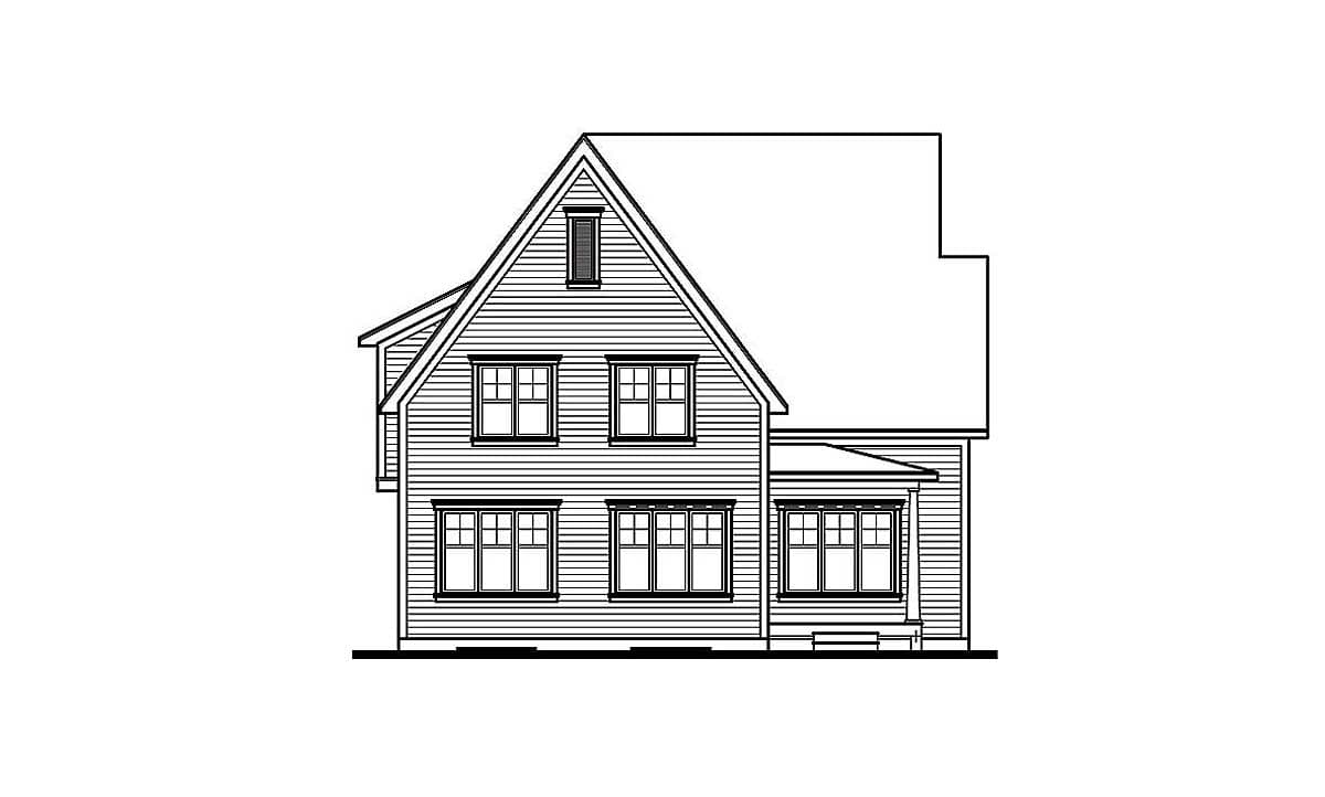 House plan exterior showing a two-story home with a prominent gable, multiple double-hung windows, and a small porch.