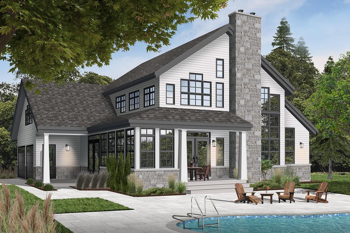 House plan exterior with stone chimney and siding. Features a covered porch and gable roof, with windows and a swimming pool.