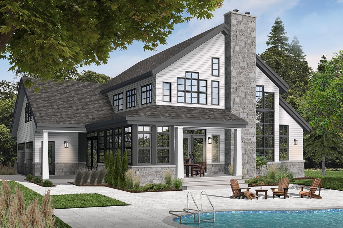 House plan exterior: Modern style, two stories, stone chimney, extensive windows, and attached garage.
