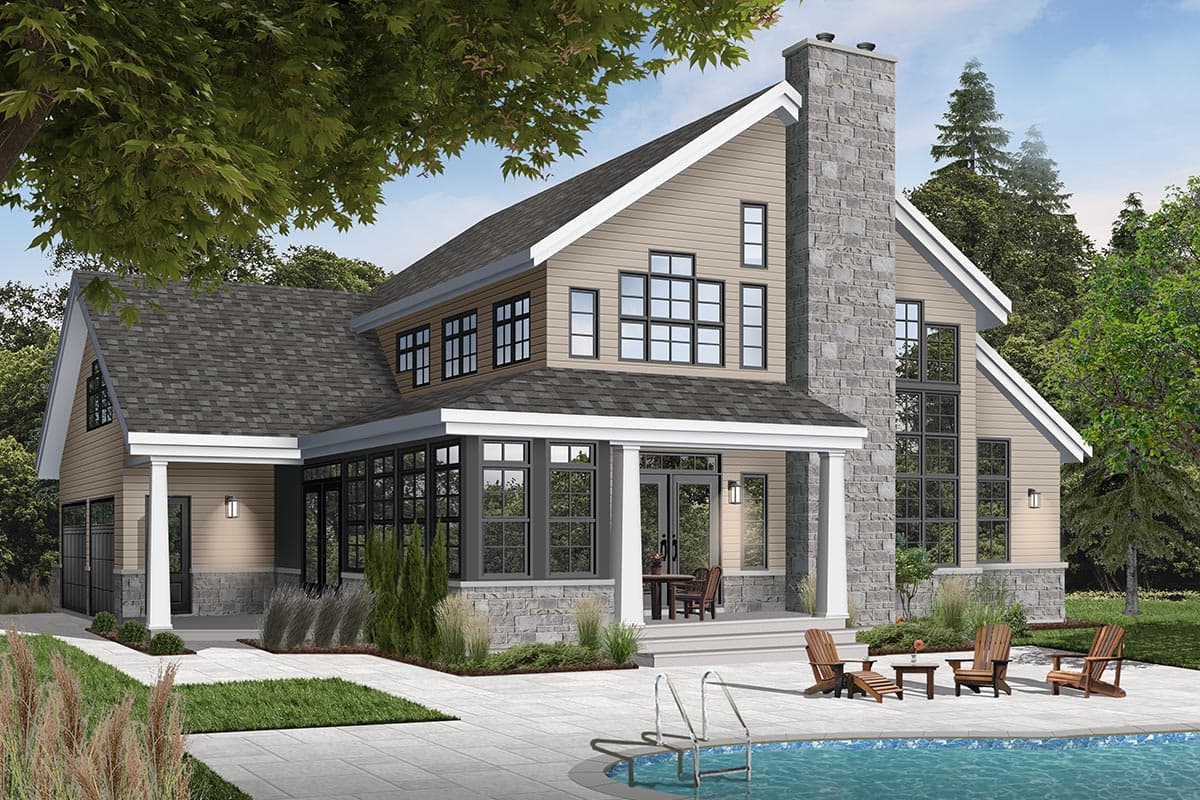 House plan exterior: Contemporary style, two stories, large stone chimney, multiple gables, and a covered porch.
