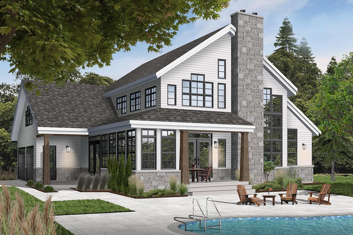 Modern house plan exterior with stone chimney, gabled roof, covered porch, and multiple large windows.