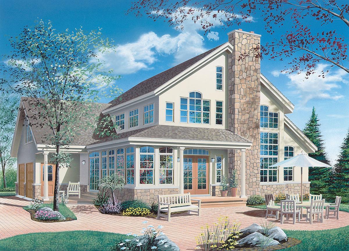 House plan exterior: two-story modern home with large stone chimney, wrap-around porch, and extensive window groups.