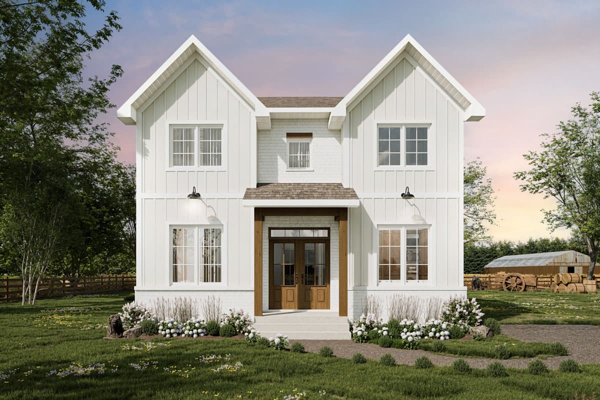 House plan exterior. Two-story Modern Farmhouse with gabled roof, board-and-batten siding, and a covered front entry porch with wood columns.