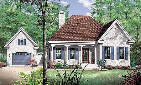 House plan exterior of a one-story home with attached two-car garage, front porch with columns, gabled dormers, and stone veneer.