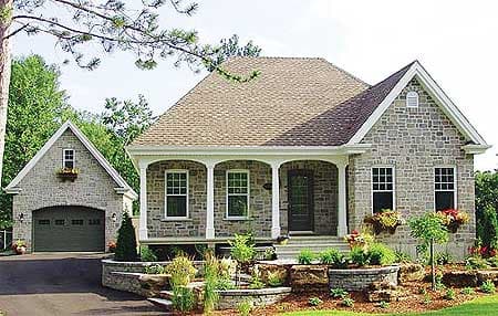 House plan exterior: Two-story stone veneer home with covered porch, gabled dormer, and detached two-car garage.