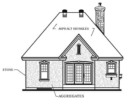 Rear elevation drawing of a house plan with asphalt shingles, stone exterior, and double doors.