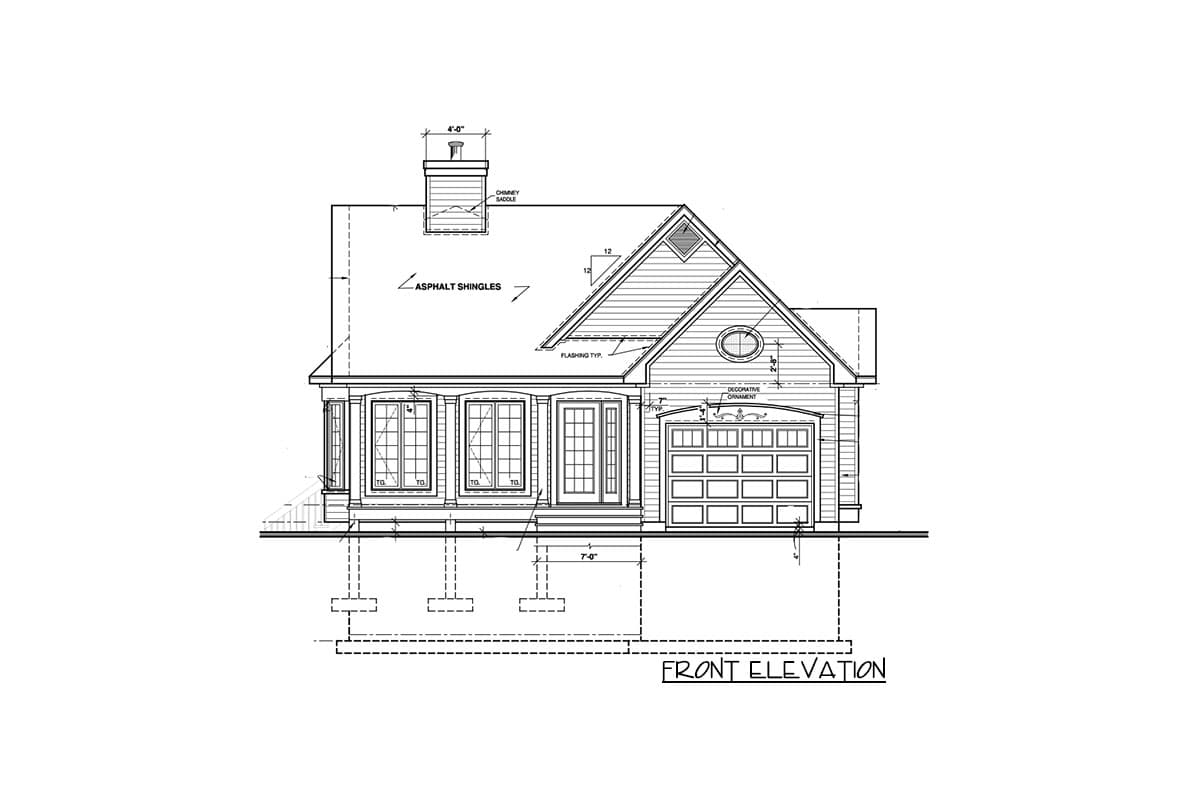 Front elevation house plan with gabled roof, chimney, bay windows, entry door, and two-car garage.