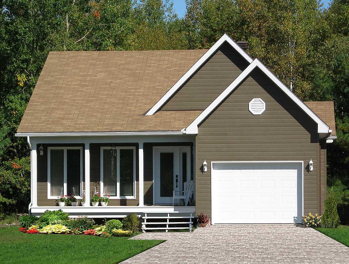 House plan exterior: One-story home with covered front porch, three windows, gable roof, and attached garage.