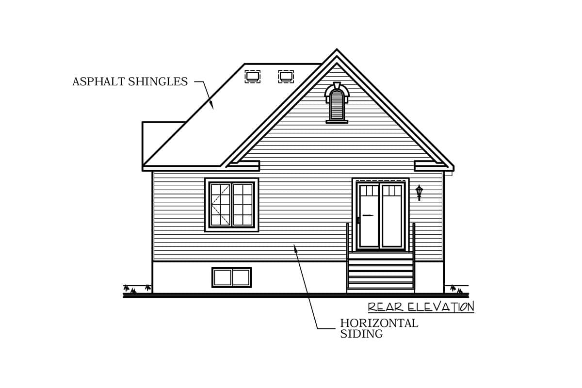 Rear elevation drawing of a house plan with horizontal siding, asphalt shingles, a prominent gable, and a central double door with stairs.
